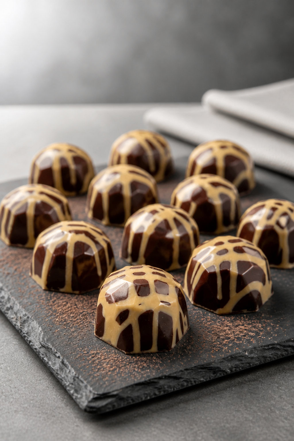 Glossy dark chocolate domes striped with caramel-colored stripes on a slate plate