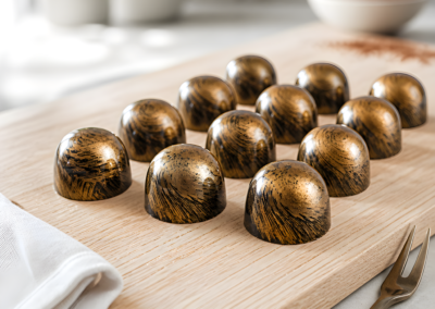 A collection of dome-shaped chocolates featuring a metallic brushed gold and black finish, arranged on a light wooden cutting board. A folded white cloth napkin and a small gold fork sit alongside the board, with potted plants and a bowl blurred in the background.