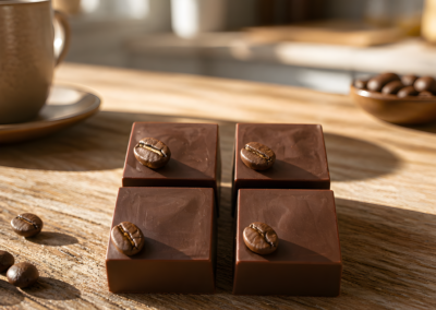 Four square dark chocolate pralines arranged in a grid on a wooden table, each topped with a whole roasted coffee bean. Loose coffee beans are scattered on the table and in a small bowl, with a coffee mug on a saucer visible in the softly blurred background.