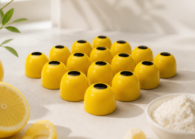 Glossy, vibrant yellow dome-shaped honey and gold chocolates topped with a single dark circle dot