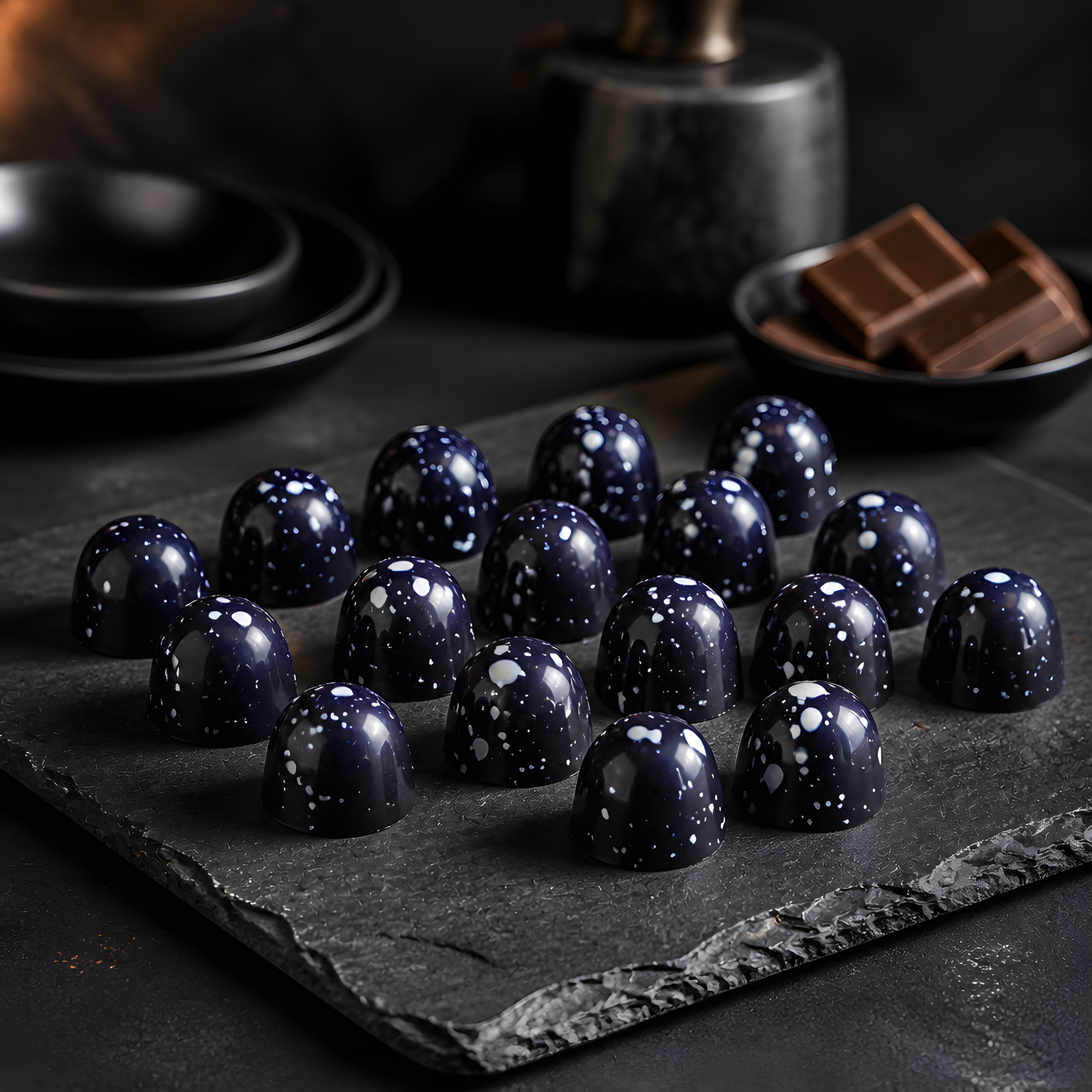 Morello cherry Glossy, dome-shaped purple chocolates speckled with white accents, arranged in a circular formation on a dark slate plate