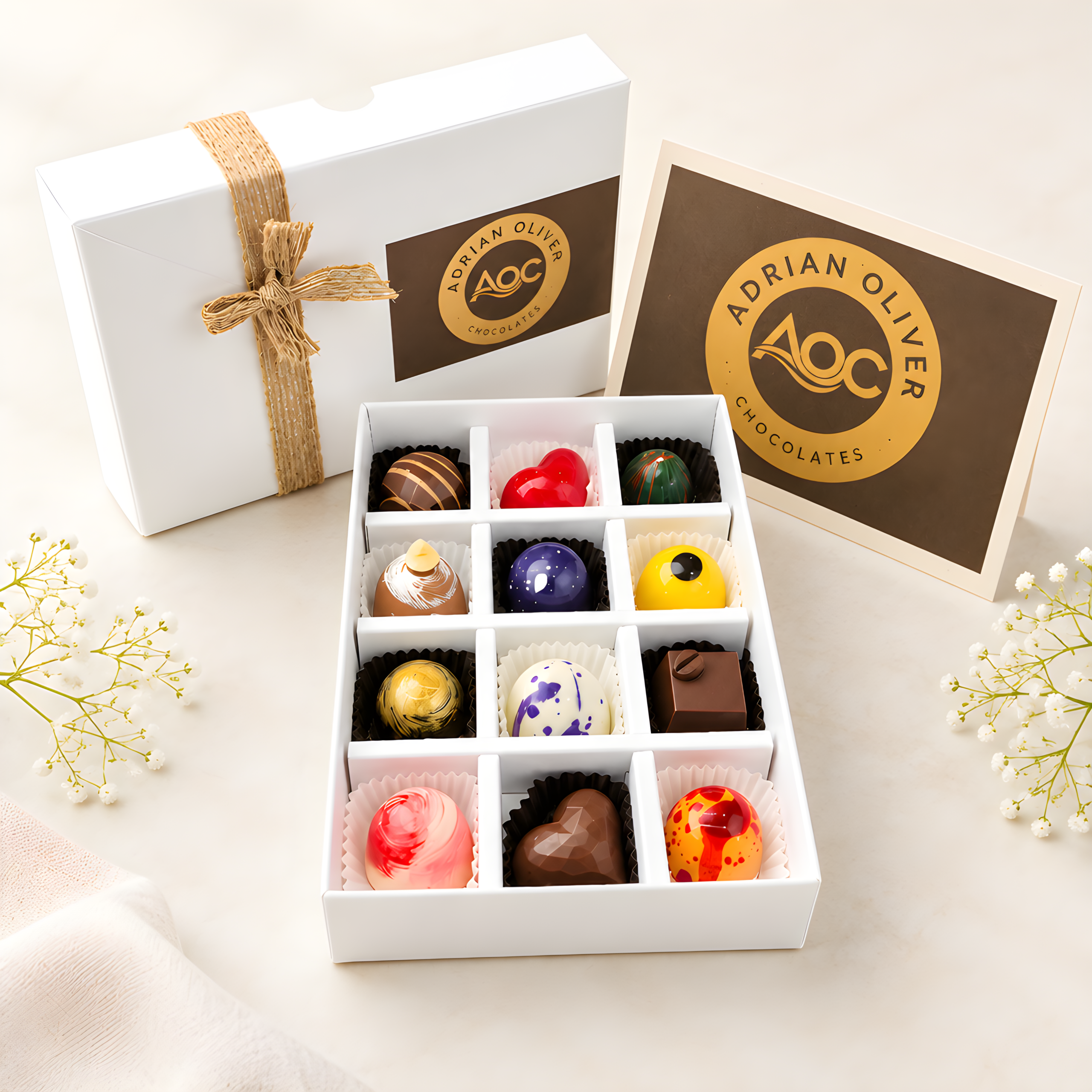 A white box of 12 artisan truffles with Adrian Oliver branding, on a light background.