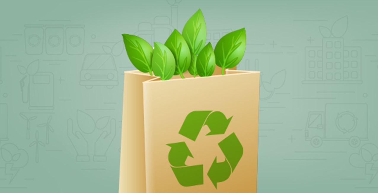 A graphic illustration featuring a brown paper bag printed with a bold green Mobius loop recycling symbol. Vibrant green leaves sprout out of the top opening of the bag. The background is light green and decorated with subtle, thin line-art icons representing eco-friendly concepts like wind turbines, electric vehicles, solar power, and recycling bins.