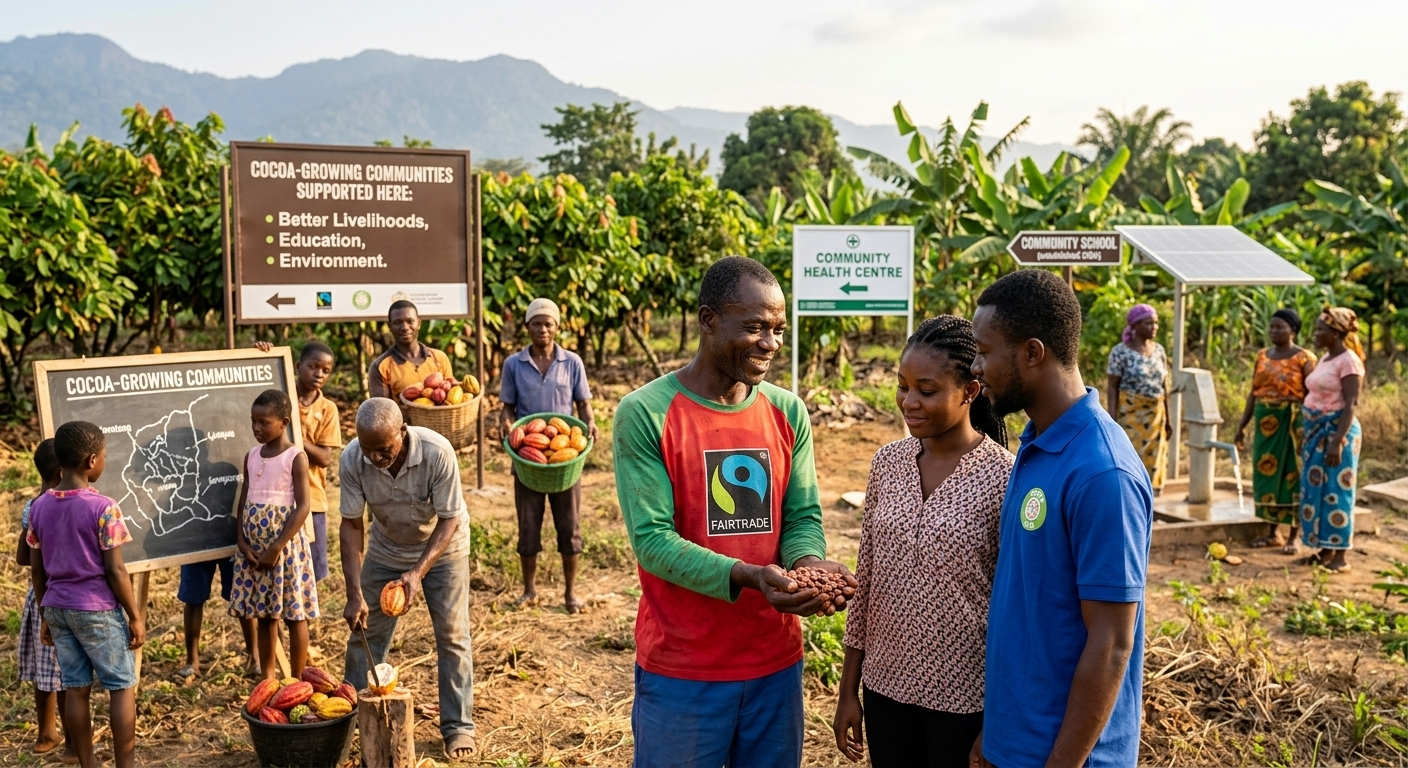 A bright, outdoor scene set in a rural cocoa-growing village with lush green trees and hills in the background. In the center, a man wearing a red Fairtrade shirt holds out a handful of harvested cocoa beans to two young adults, a woman and a man in a blue polo shirt.